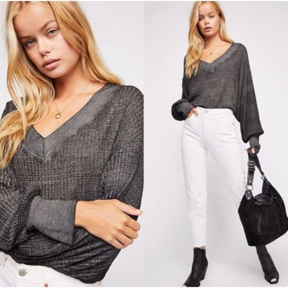 Free People We The Free South Side Thermal V-Neck‎ Gray Black V-Neck XS $68 - Picture 1 of 13